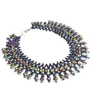 Handmade Czech Fire Polished Beaded Collar Necklace Black Seed Beads 16"